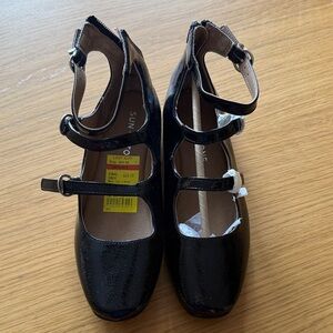 Sun + Stone Black Patent Mary Jane Dress Shoes with Triple Straps